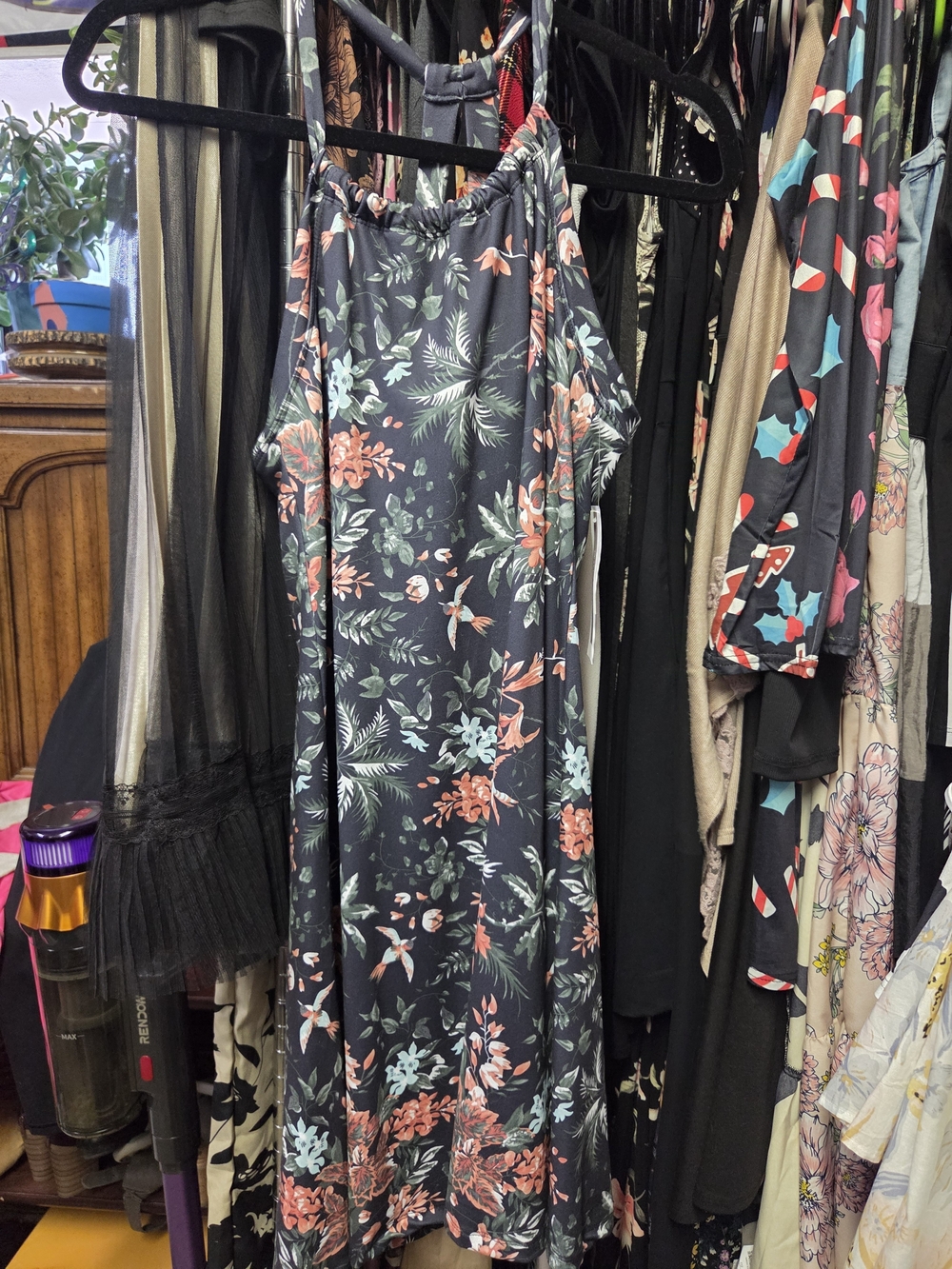 Floral Slip Dress in Navy with Coral & Mint Print